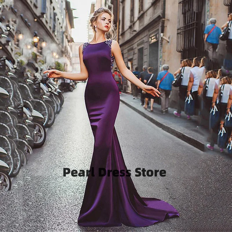 

Satin Fish Tail Long Evening Dress Purple Beaded Women's Open Back Formal Party Prom Dress Long Evening Dress Evening Dress