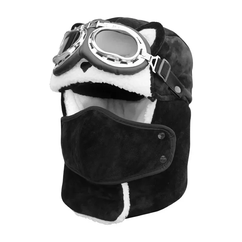 Winter Thick Warm Riding Hat with Goggles Winter Cute Cat Ear Hat Bicycle Warm Head Face Protecter Mask