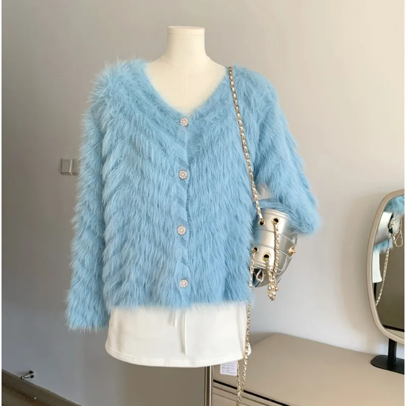 Новинка Осень-зима 2023, длинный шерстяной мягкий плотный вязаный кардиган В норковом стиле, Женское пальто из искусственного меха, повседневный теплый топ с длинными рукавами