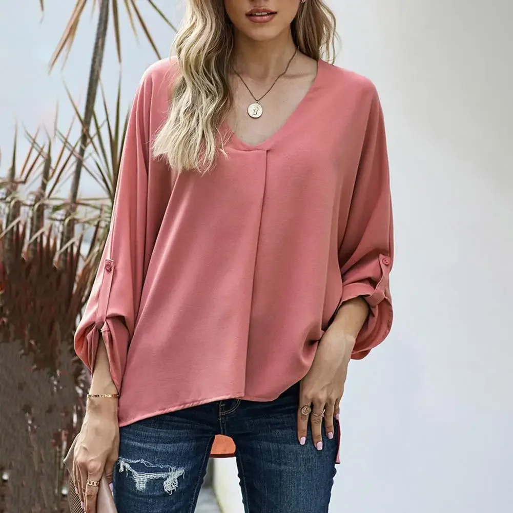 Women Blouse Long Sleeve Solid Color V-neck Loose Soft Commute Casual OL Style Lady Summer Shirt Female Clothes