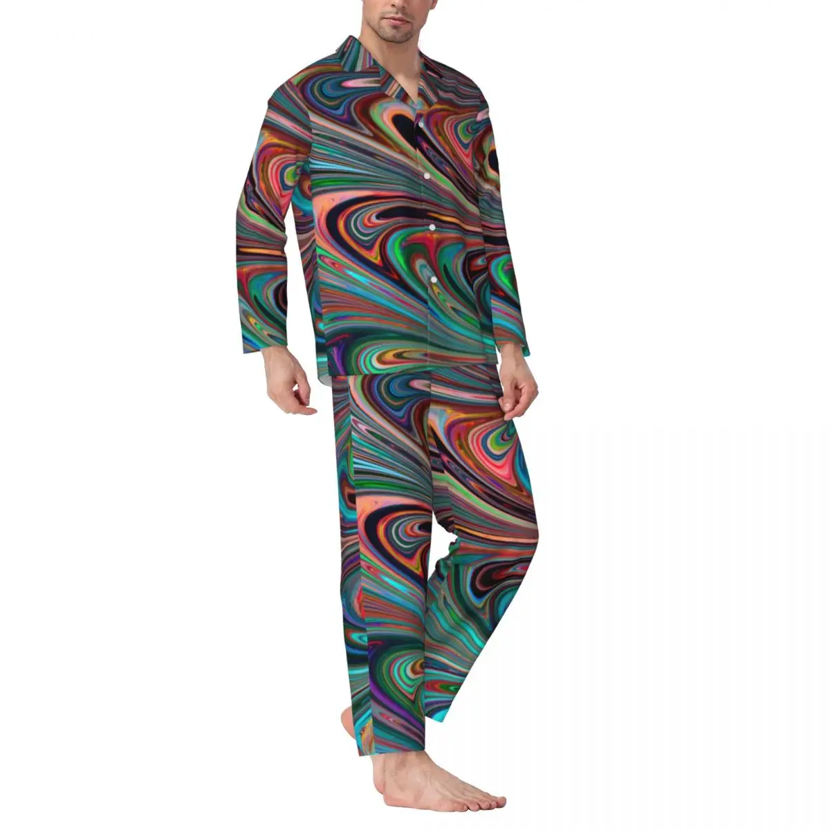 

Neon Paint Swirl Pajama Sets Colorful Liquid Print Cute Soft Sleepwear Couple Long Sleeve Casual Leisure 2 Pieces Nightwear