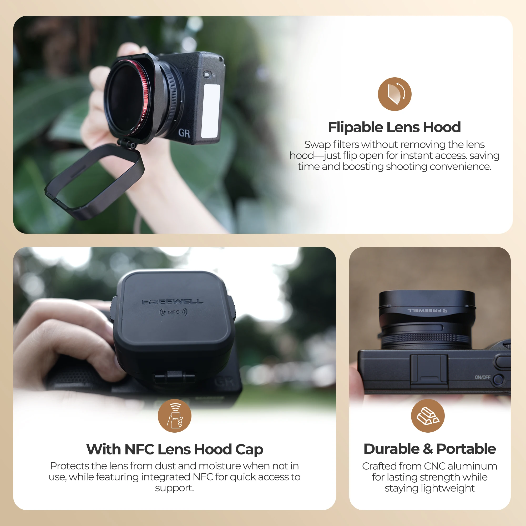 Real Lens Hood CPL/Black Mist Filters and NFC Lens Cap Flipable Design Compatibi