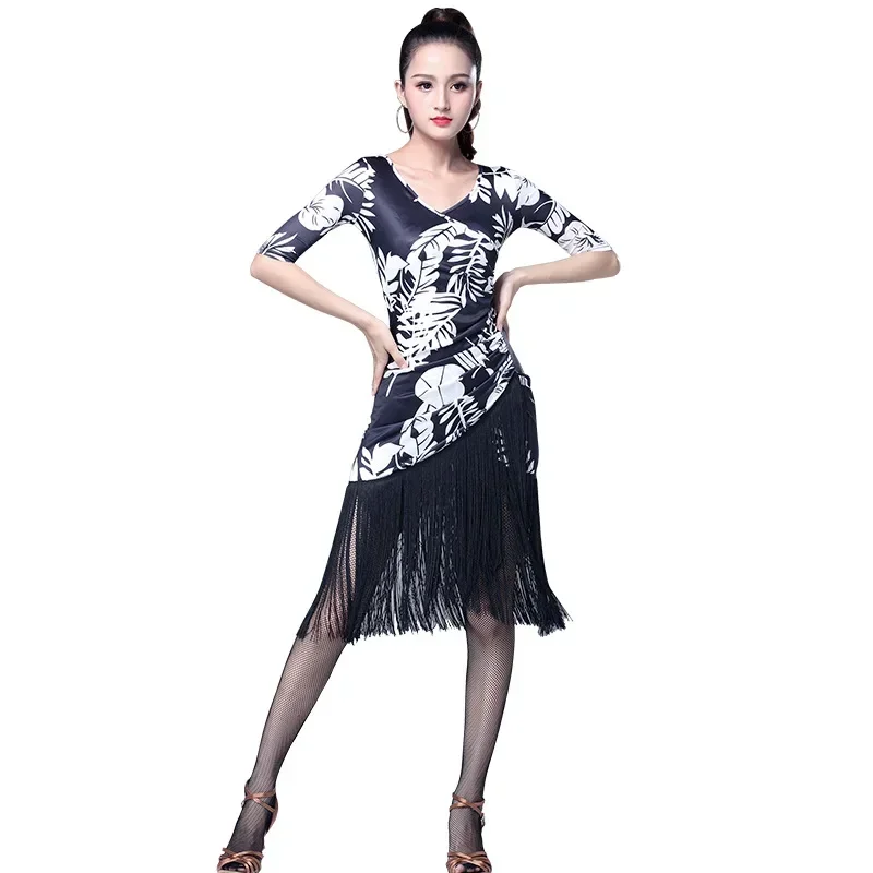 Sexy Long Short-Sleeve Latin Dance One-Piece Dress Women Ballroom Tango Cha Cha Dance Skirt Latin Competition Dress Dance Dress Dance Skirt