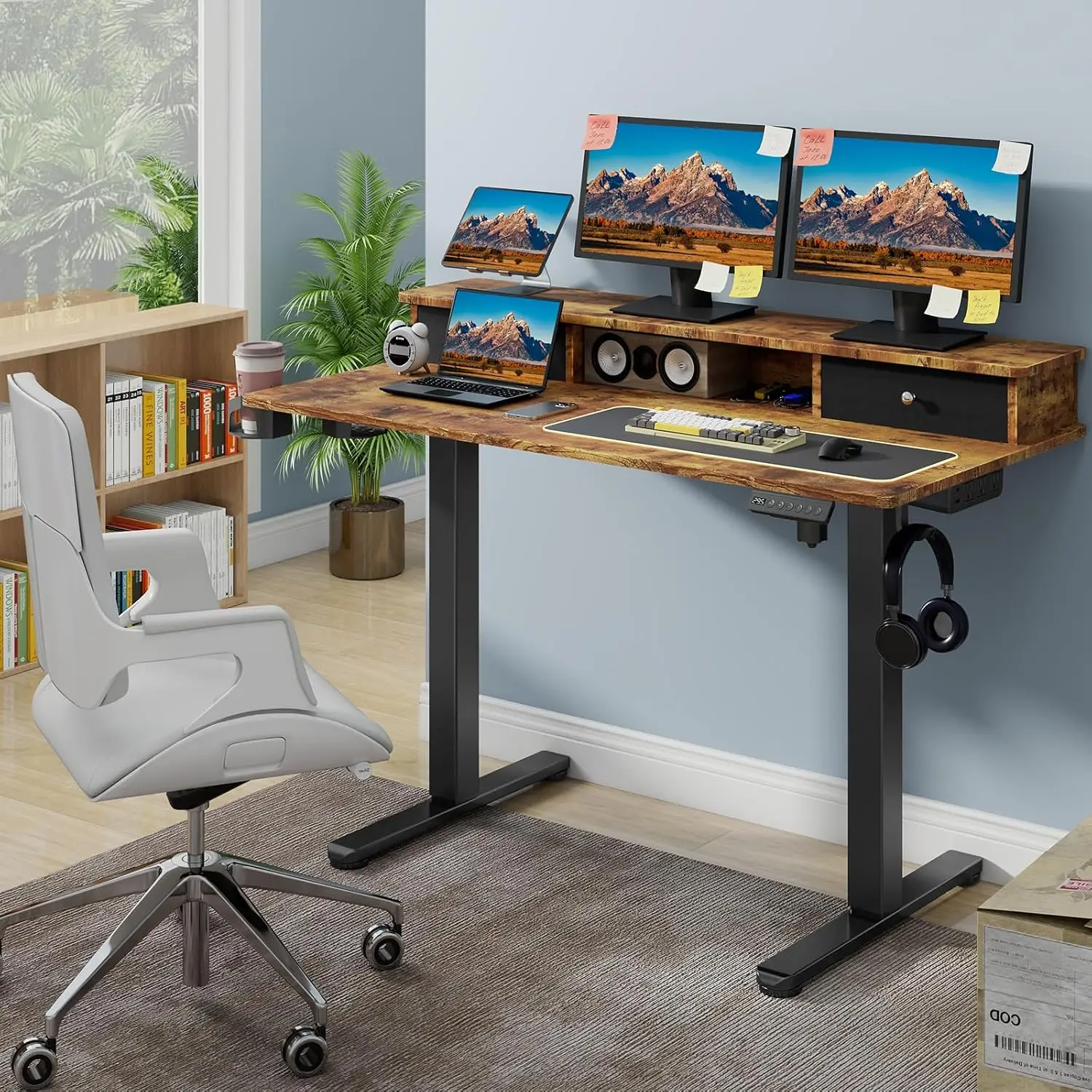 Vabches Height Adjustable Computer Desk Electric Standing Desk for Home Office Gaming Desk with LED Light&Power Outlet&Metal Leg 2