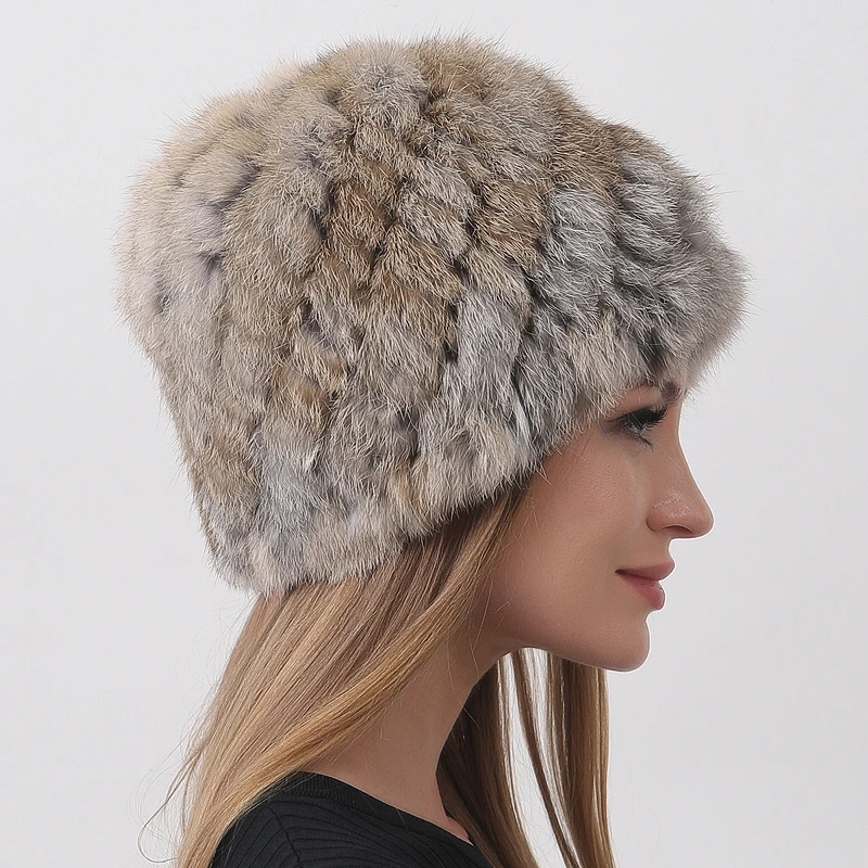 Warm Fluffy Women's Winter Hats 2023 Natural Rabbit Fur Knitted Beanie Russian Soft Cozy Fur Hat 2