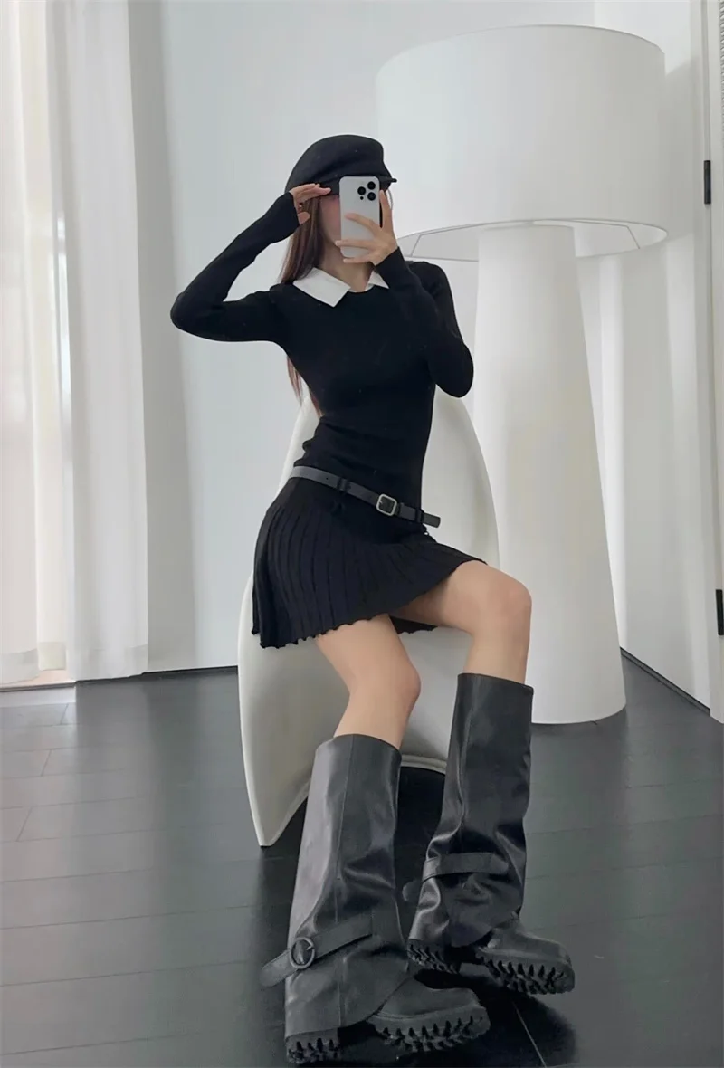 Korean Fashion Knitted Short Dresses for Women Autumn New Patchwork Long Sleeve Pleated A-line Y2K Sexy Party Dress with Belt