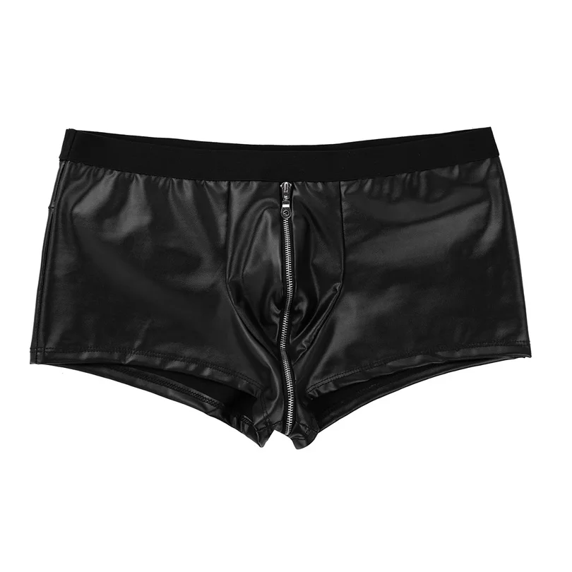 Mens Sexy Lingerie Wet Look Faux Leather Boxer Shorts Sexy Panties Zipper Crotch Low Rise Underwear Exotic Nightclub Underpants