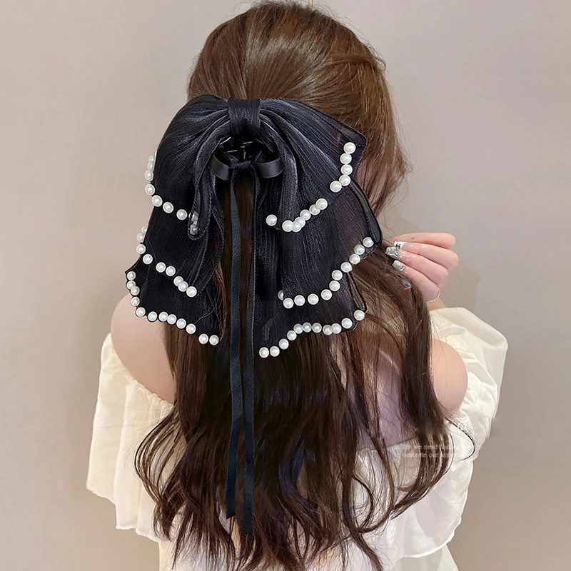 Woman Large Three-layers Gauze Pearl Ribbon Bowknot Hair Claws Lady Hairpins Barrettes Gilrs Elegant Hair Clips Hair Accessories french trendy beading flare capris lady simple leisure joker slit pearl stretch micro flared slim fit jeans wide leg ninth pants