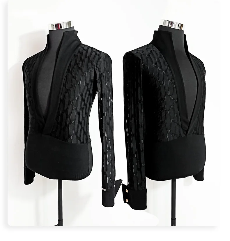 

Male Sexy V-Neck Latin Dance Competition Tops Long Sleeve Tango Ballroom Dancing Clothes Samba Rumba Performance Costume