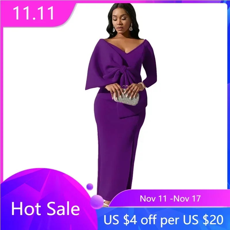 

African Party Evening Dresses for Women Autumn Elegant Long Sleeve V-neck White Purple Long Bodycon Dress African Clothing S-3XL