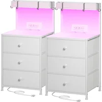Tall Nightstand Set of 2 with Charging Station and Led Lights Nightstand with 3 Drawers and Shelves Bedside Table with Ports an