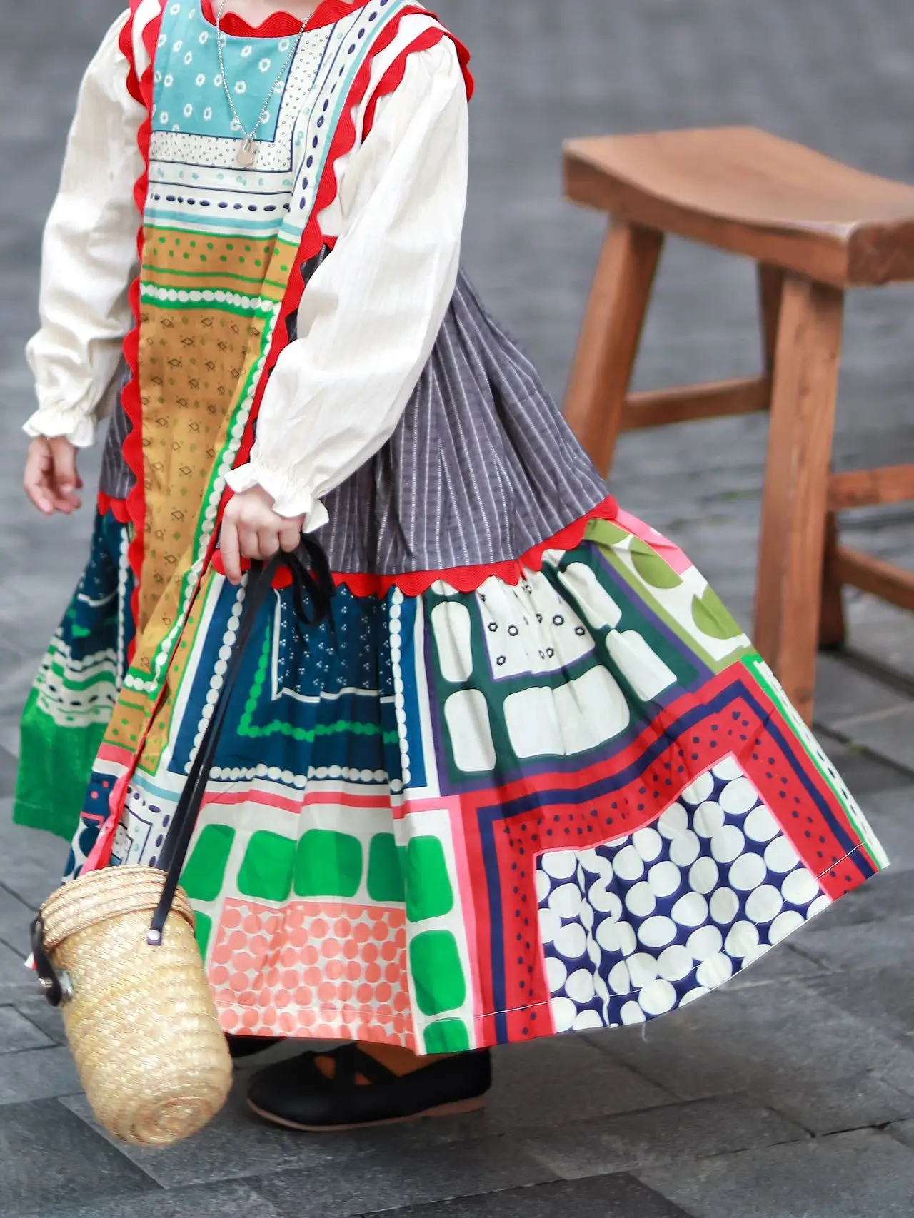 

Girls Casual Dresses Splicing Retro Style Tops Autumn New Bohemia 2023 Round Collar Pleated Loose Sweet Printing