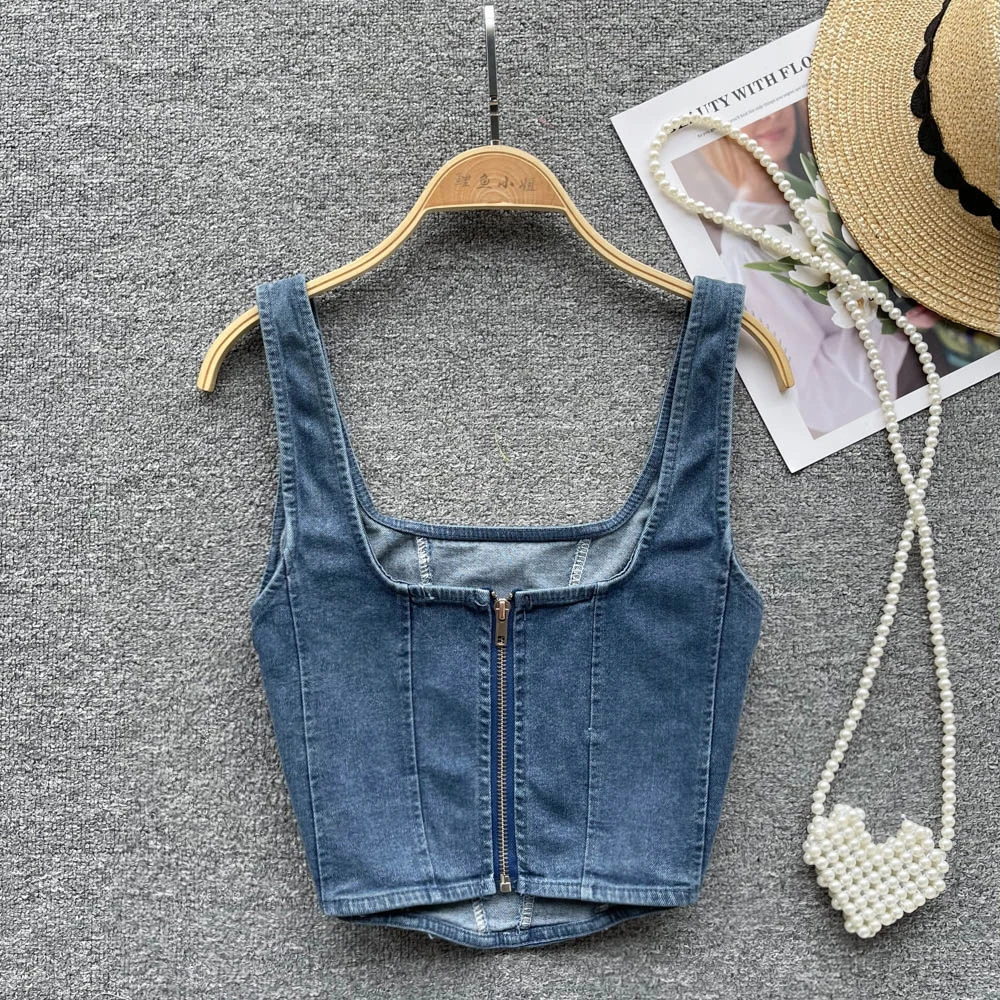 Sexy ort Denim Top Zipper Strap Collar Women's irt Belly Baring Korean Sle Summer New Arrival Trendy Vest for Young Women