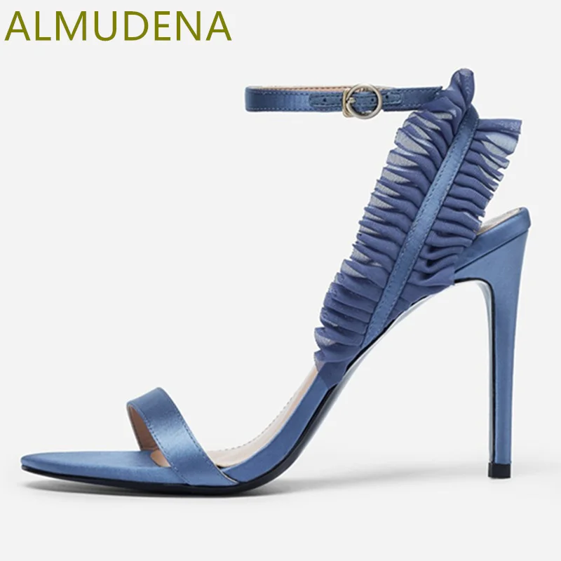 

Solid Satin Ruffles Pleated Thin Heel Women Sandals Ankle Buckle Strap Sheepskin Super High Heels Shoes Party Dress Modern Shoes