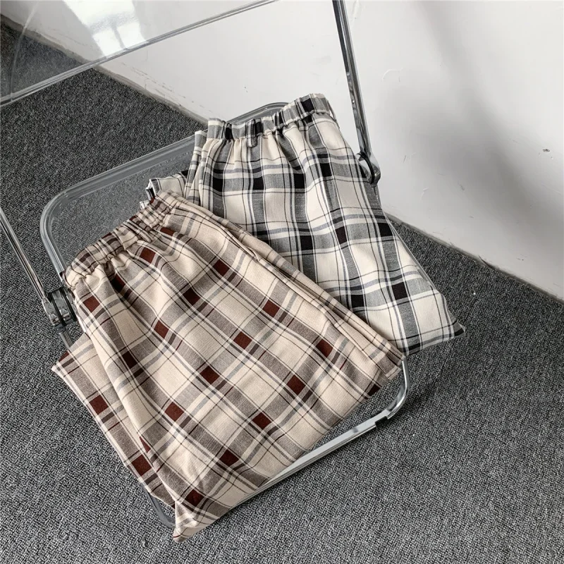 HOUZHOU Plaid Pants Men Linens Korean Checked Trousers Male Streetwear Fashion Bottoms Summer Wide Leg Pants Harajuku Breathable