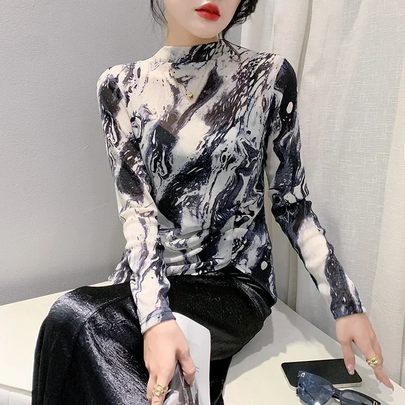 

Повседневная Блузка с длинным рукавом, уличная одежда, Асимметричная футболка, Женская Осенняя рубашка с высоким воротником, модная женская блузка 29046