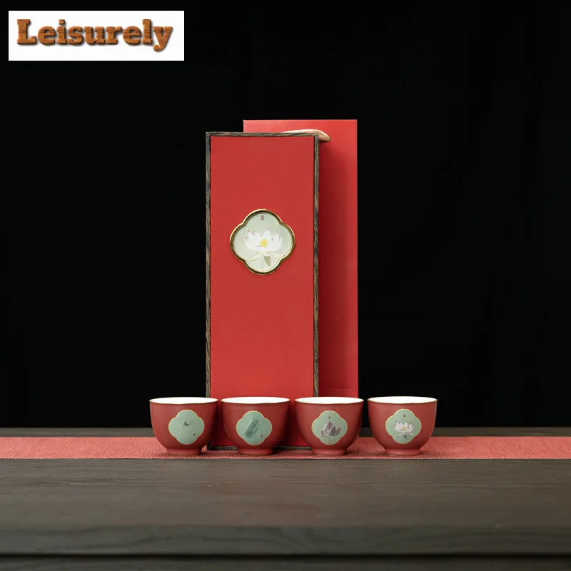 100ml Handmade Four Lotus Kiln Change Teacup Tea Bowl Set Of Cups Tea-tasting Meditation Cup Chazhan Master Cups Cafes Gift Box