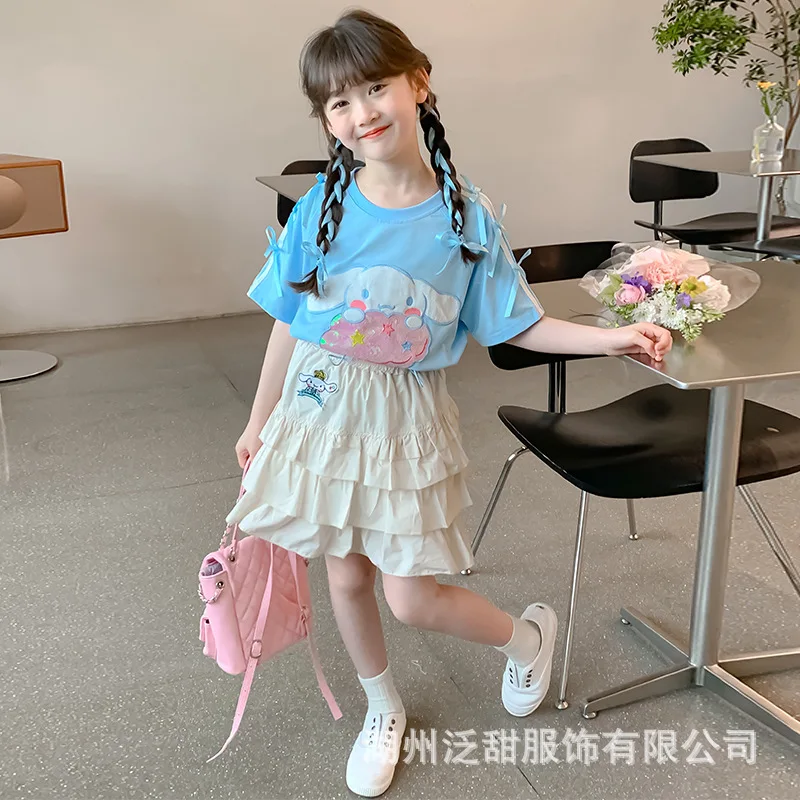 

2024 Girls Summer Cinnamoroll 2Pcs Set Kawaii Sanrioed Anime Children Short-Sleeved T-Shirt Cake Skirts Sweet Cute Gift for Kid
