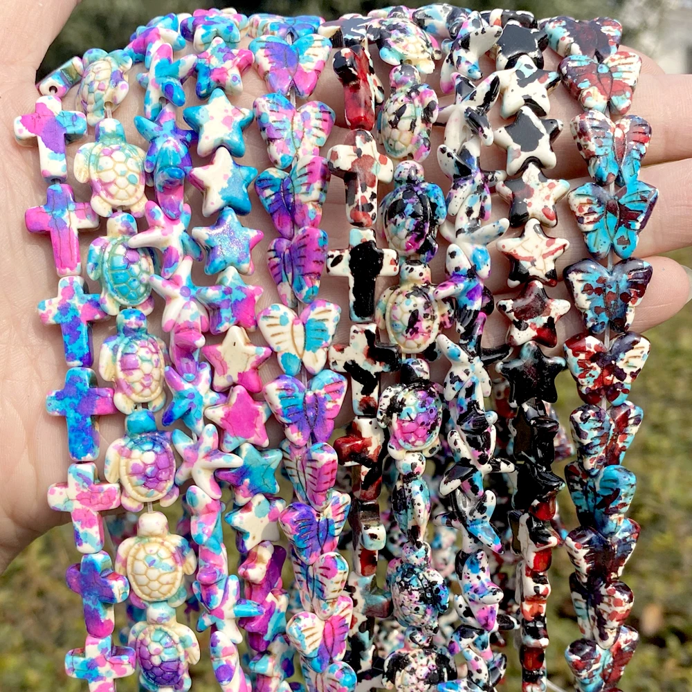 Natural Colorful Turquoises Turtle Cross Starfish Stone Beads Loose Spacer For Jewelry Making Diy Bracelet Necklace Handmade 15”