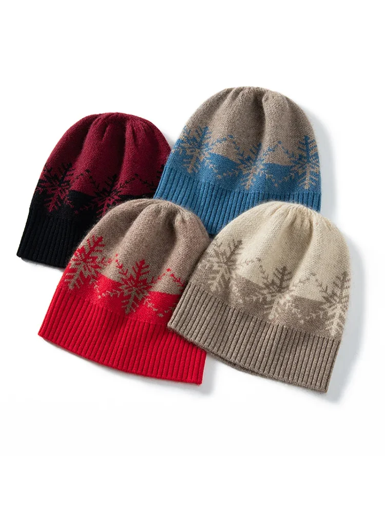 2023 Wool Cashmere Jacquard Knitted Beanies Women Snowflake Caps Christmas Present Hat Mens Winter Thick Cashmere Warm Bonnet 2