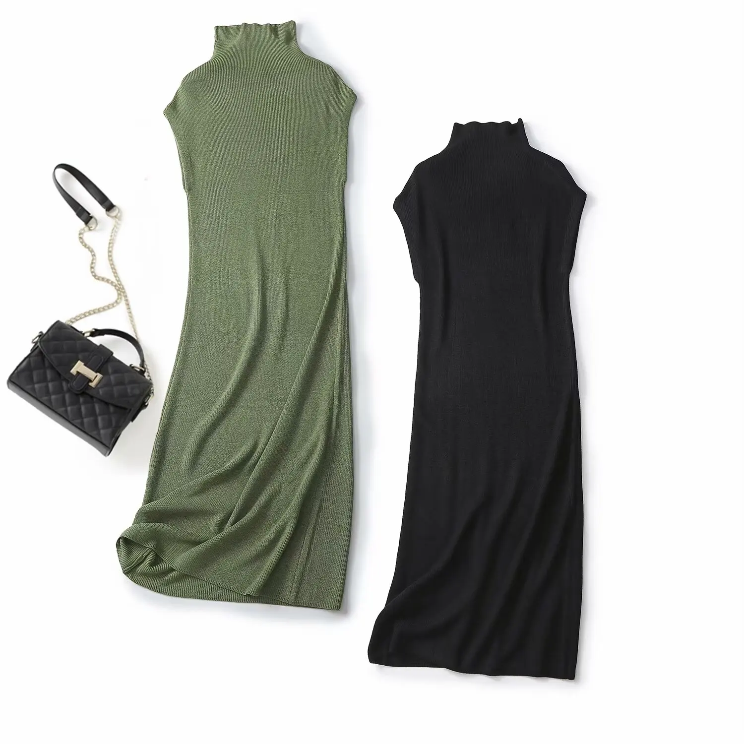 

Women New Chic Fashion High Neck Elastic knitted Slim Midi Dress Vintage Short Sleeve Female Dresses robe Mujer