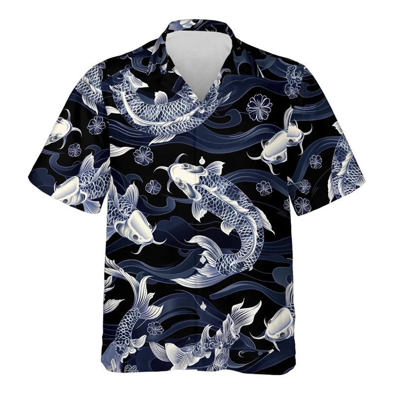 Camisa hawaiana con estampado 3D de peces koi para hombre, blusas con estampado de animales de buena suerte, camisas hawaianas de verano para la calle, blusas con solapa y mangas cortas