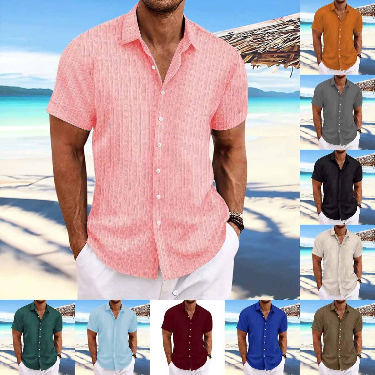 

2024 popular Amazon new men's cotton and linen striped jacquard casual loose short sleeved shirt