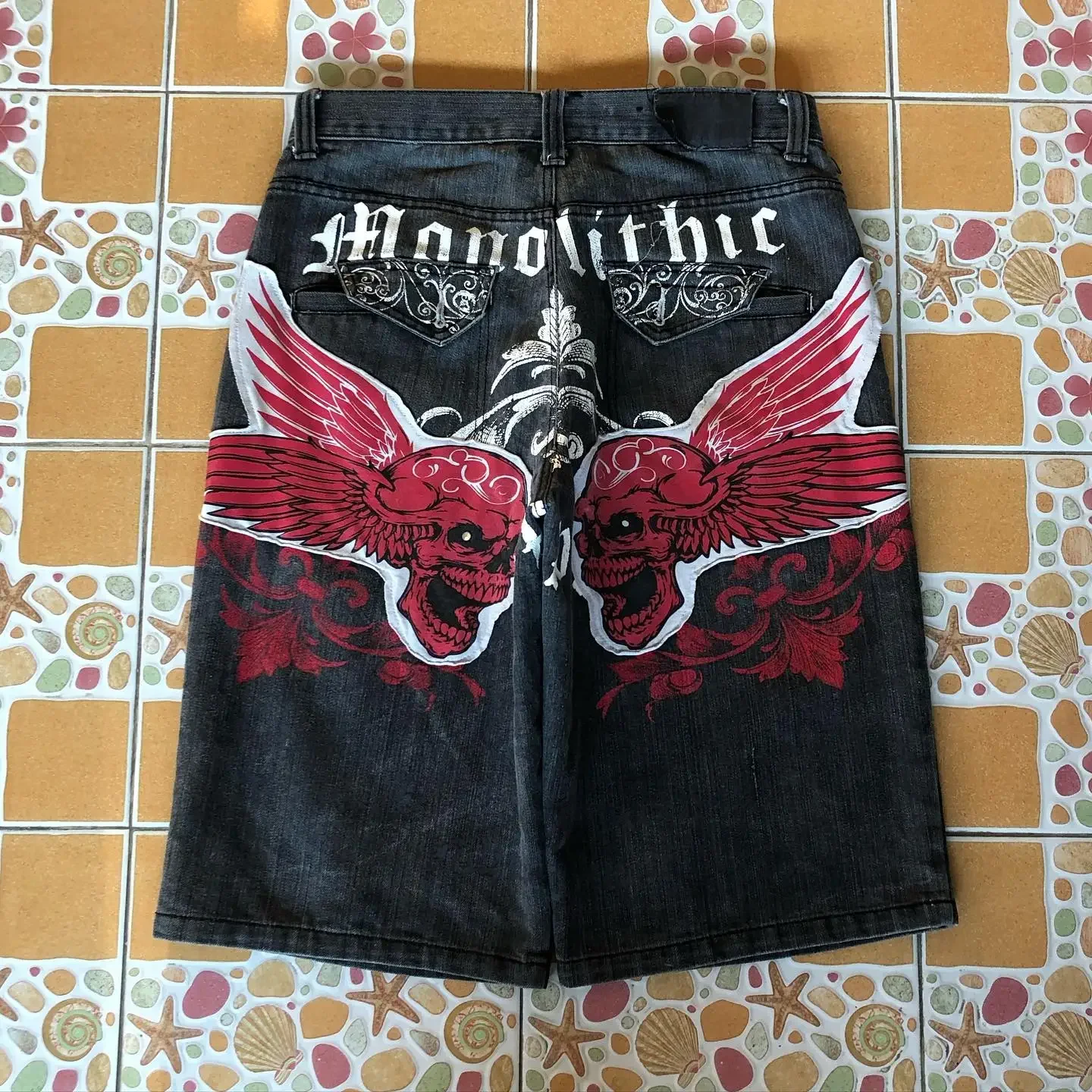American Summer Denim Shorts High Street Hip-hop Y2K Retro Dark Personality Trend Pattern Print Casual Loose Denim Shorts