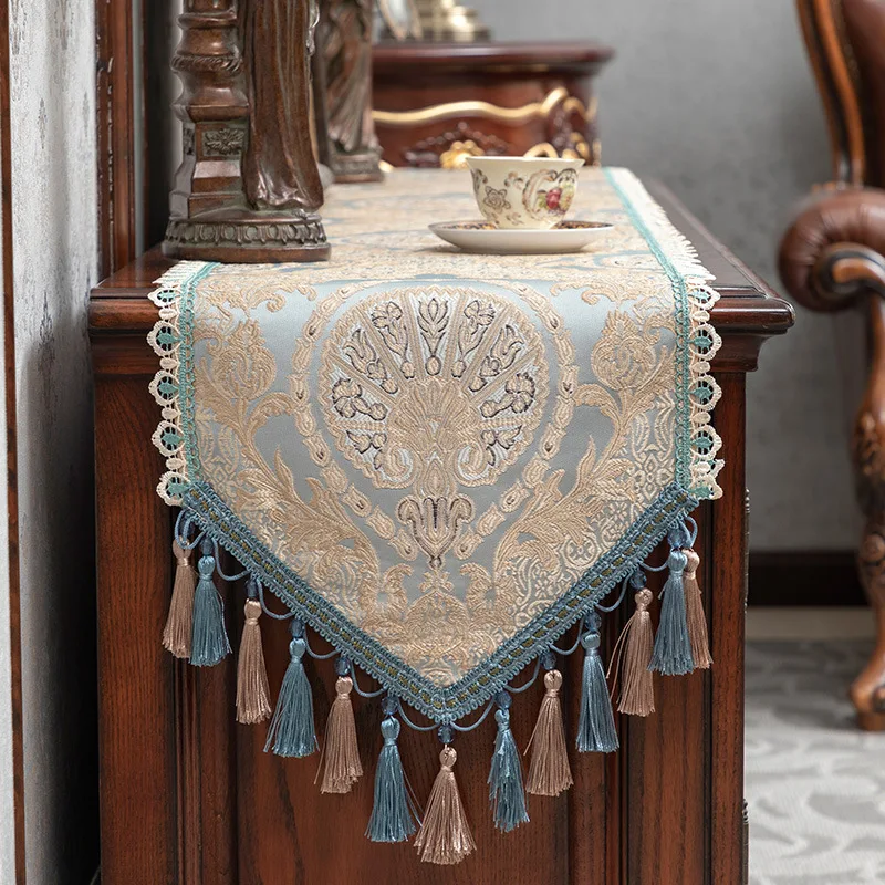 

Jacquard Embroidery Tassel Table Runner Luxury High-end Coffee Table Runner Long Table Cloth Retro Home Decoration Accessories