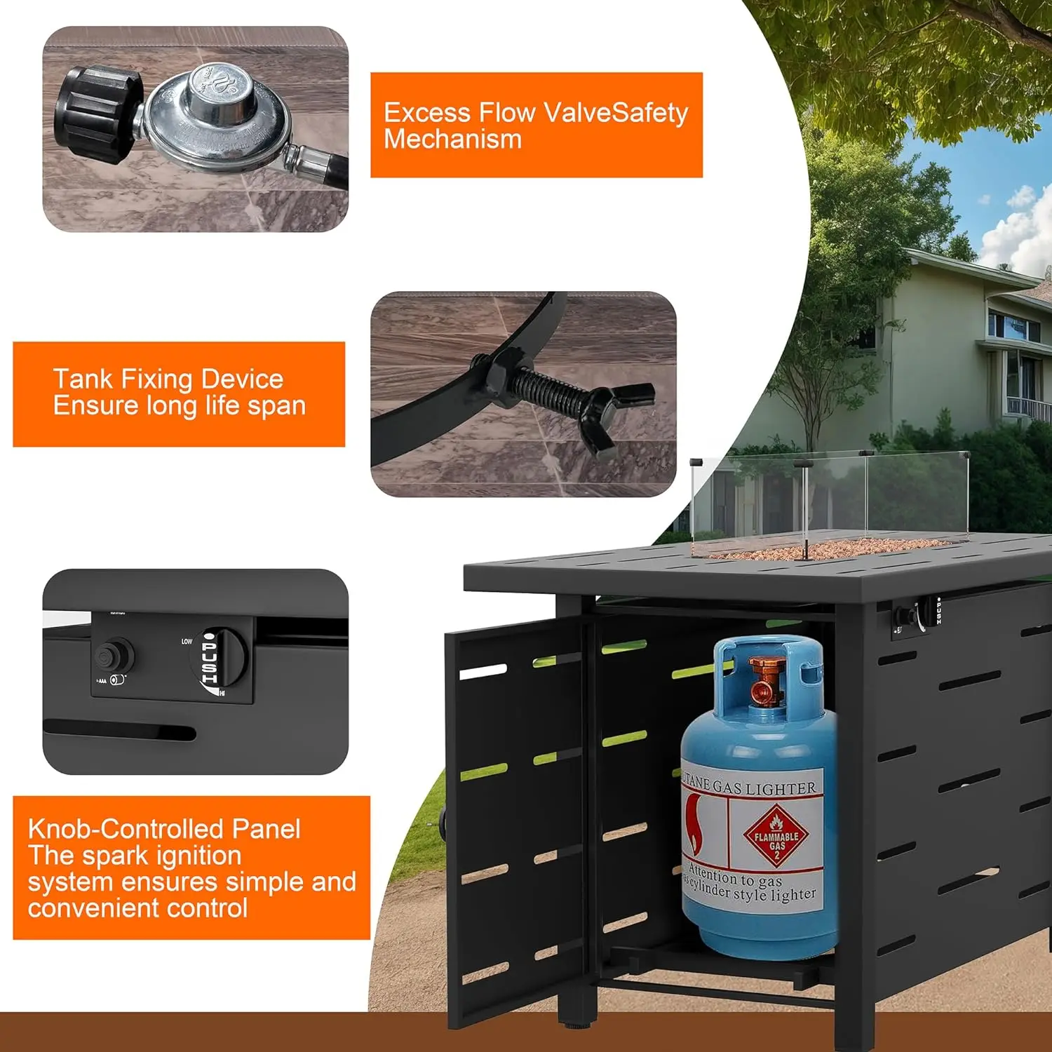Walsunny 43 inch Outdoor Propane Fire Pit 50,000 BTU Gas Fire Pit Table with Lid, Glass Wind Guard, Waterproof Cover 6
