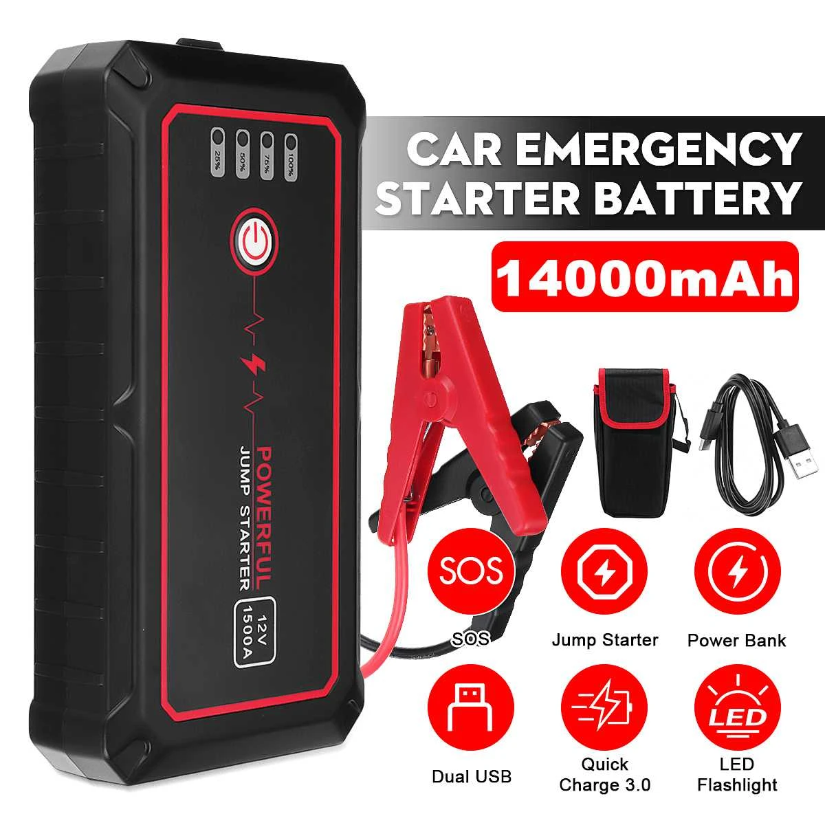 14000mAh Car Jump Starter Power Bank 12V 1500A Emergency Booster USB Port Battery Charger Car Starter Battery Starting Device car jump starter