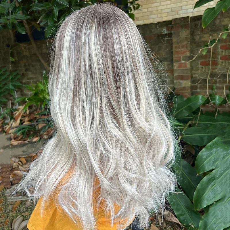 Wavy Wig With Bangs Natural Looking Human Hair Wig For Women Ash Platinum Blonde Highlights Transparent HD Lace Frontal