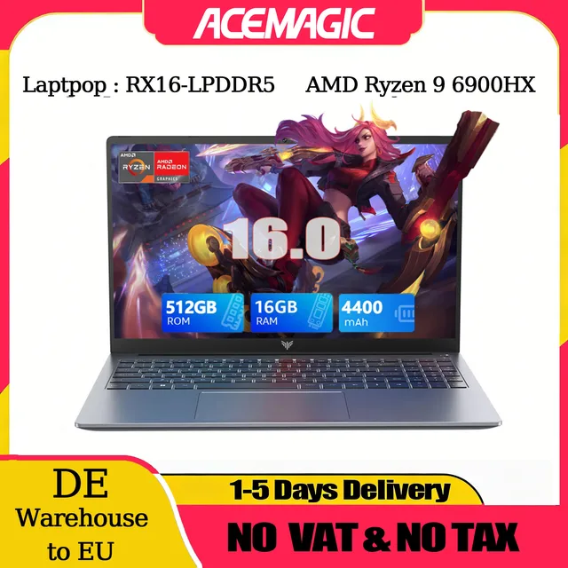 ACEMAGIC ordinateur portable 16 pouces FHD pour jeux AMD Ryzen 9 6900HX 16 go de RAM 512 go SSD Windows 11 Pro ordinateur portable rétroéclairé KB Wifi6 BT5.2 1