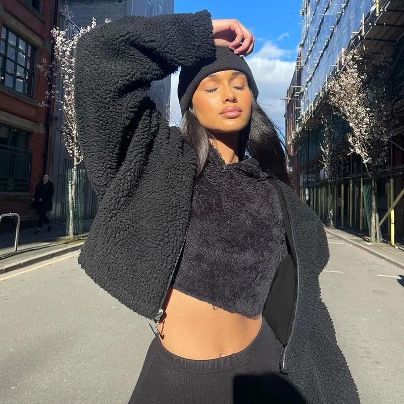 Furry Loose Zipper Long-sleeved Stand-up Long-sleeved Collar Plush Thermal Short Jacket Faux Lamb Streetwear Womens Clothing