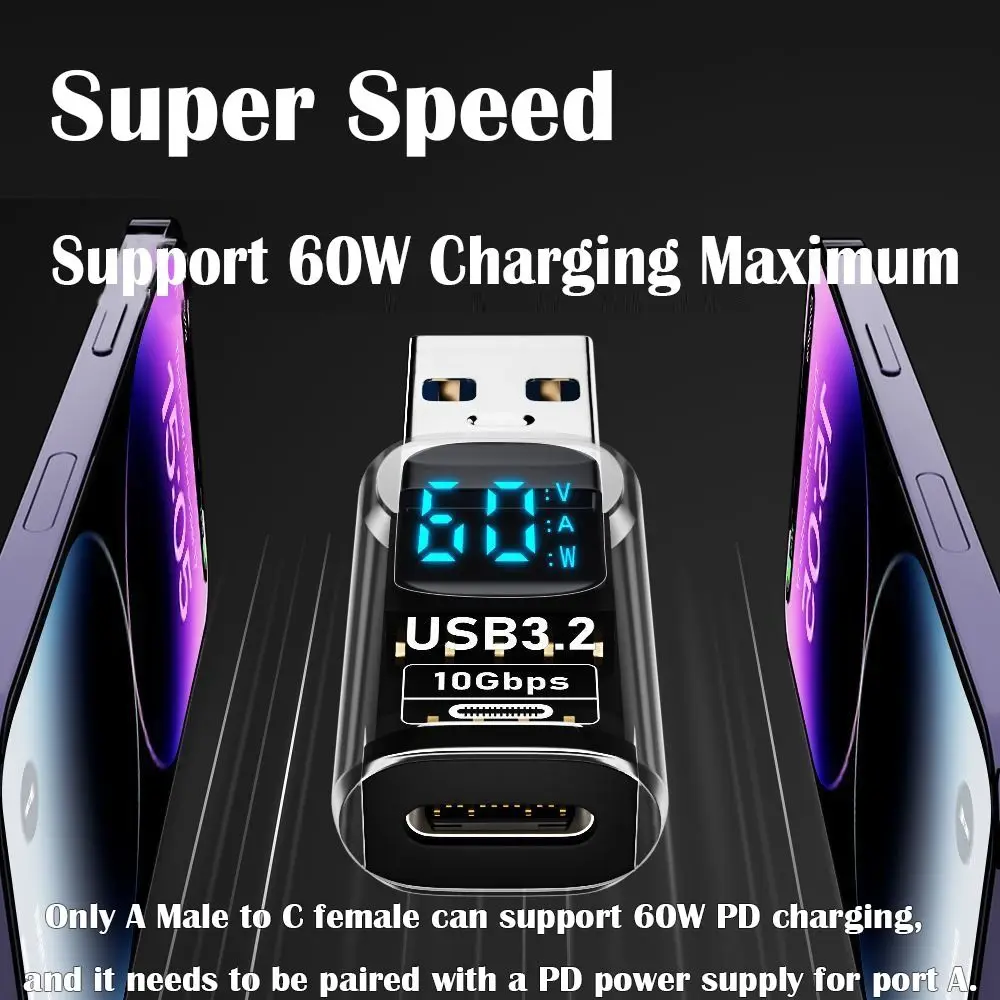1PCS Digital LED Display USB 3.2 Adapter 10Gbps 36-60W Power Meter Tester Smart Chip Data Transmission USB C Extension 4