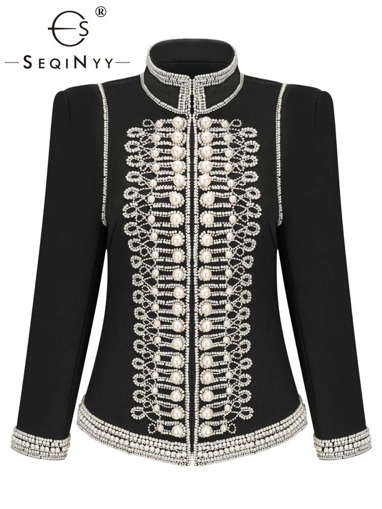 

SEQINYY Vintage Short Coat Autumn Winter New Fashion Design Women Runway Luxury High Quality Beading Embroidery Flower Elegant