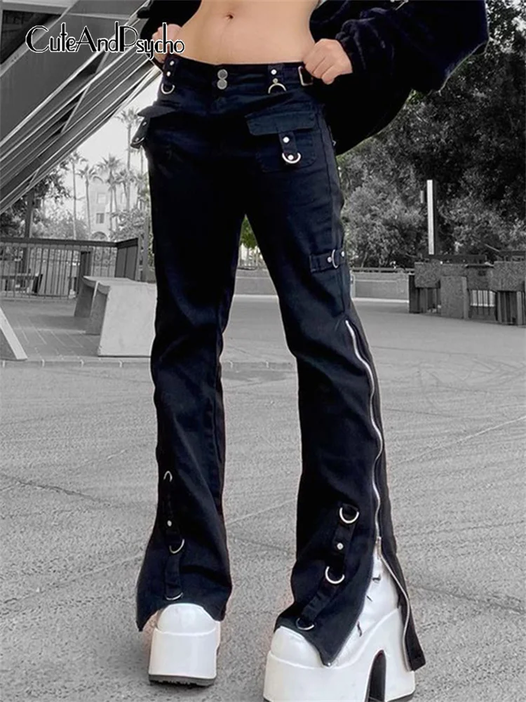 

Cuteandпсиходелические Готические джинсы с заниженной талией на молнии, Облегающие расклешенные брюки, темная академия, 90-е, хлопковые черные брюки, уличная одежда
