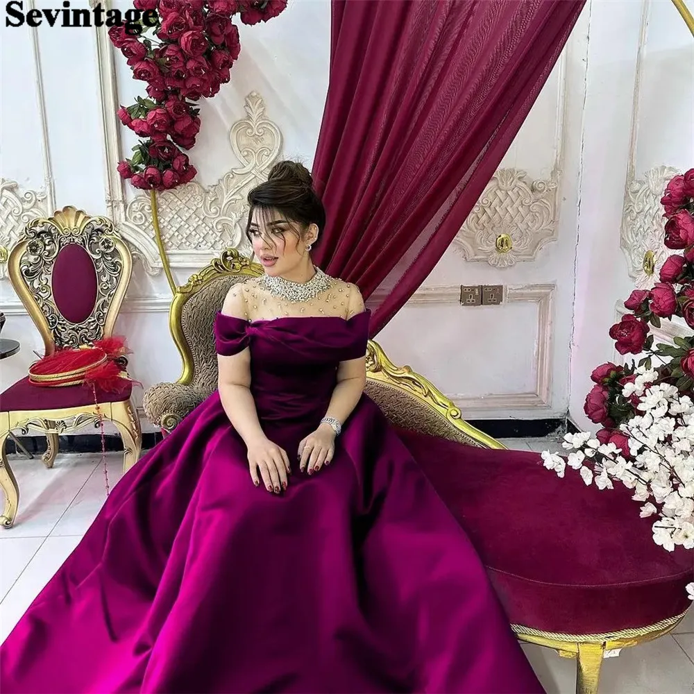 

Sevintage Elegant Purple Arabia A-Line Prom Dress Sequineds Off The Shoulder Floor Length Evening Dress فساتين للحفلات الراقصة