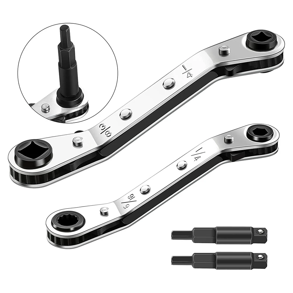 1/4-3/16-5/16-3/8 Air Conditioner Valve Ratchet Wrench with 2 Hexagon Bit Adapter Kit for Air Refrigeration Tools Equipment