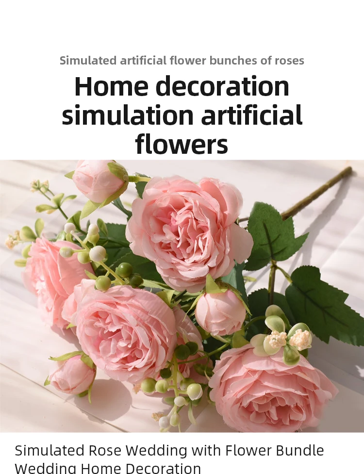 Description Picture 2 of item30cm Rose Pink Silk Bouquet Peony Artificial Flower 5 Big Head 4 Small Bud Bride Wedding Home Decoration Artificial Flower