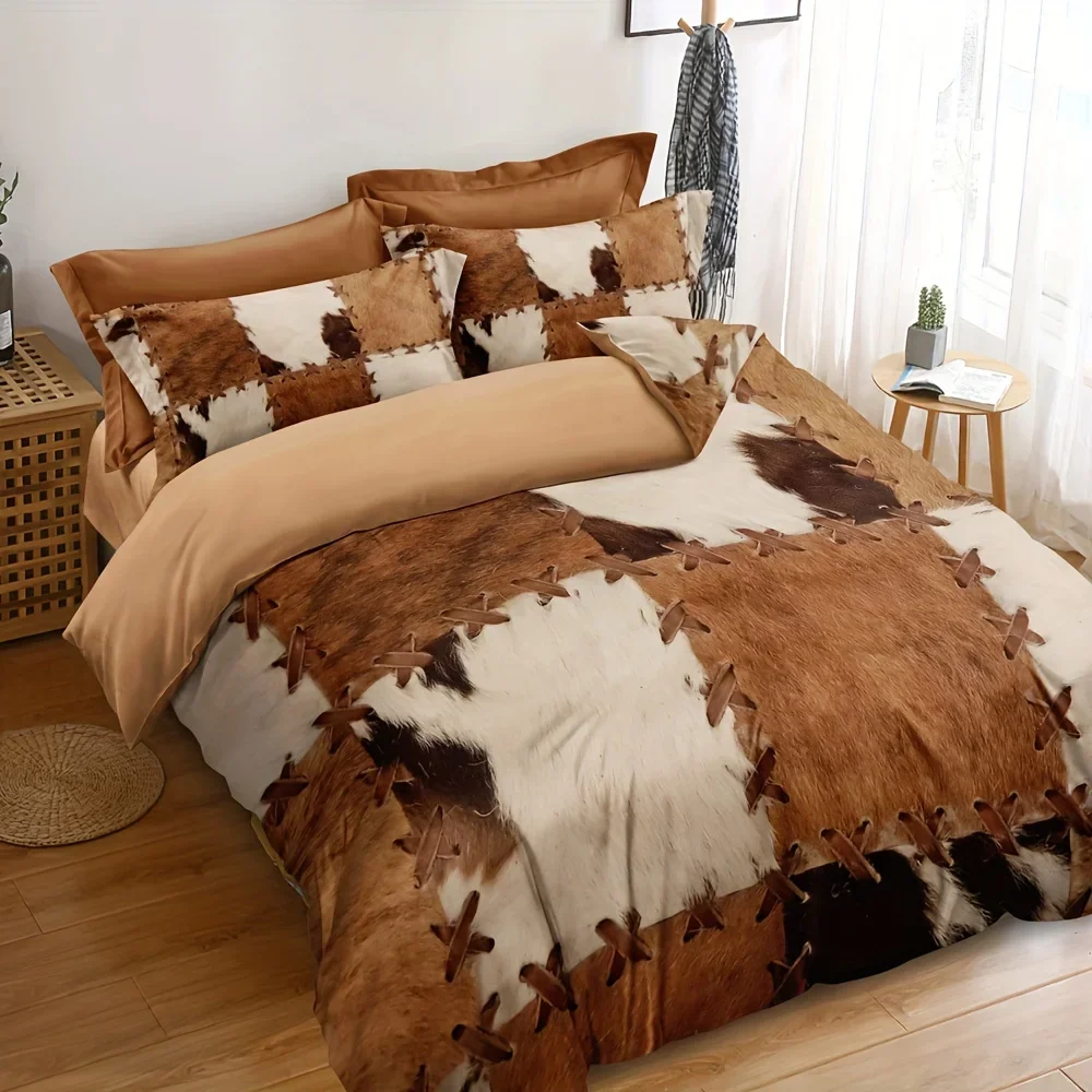 Fur Pattern Stitching Print Rustic Cowhide Style Bedding Set Soft Comfortable Duvet Cover For Bedroom Guest Room