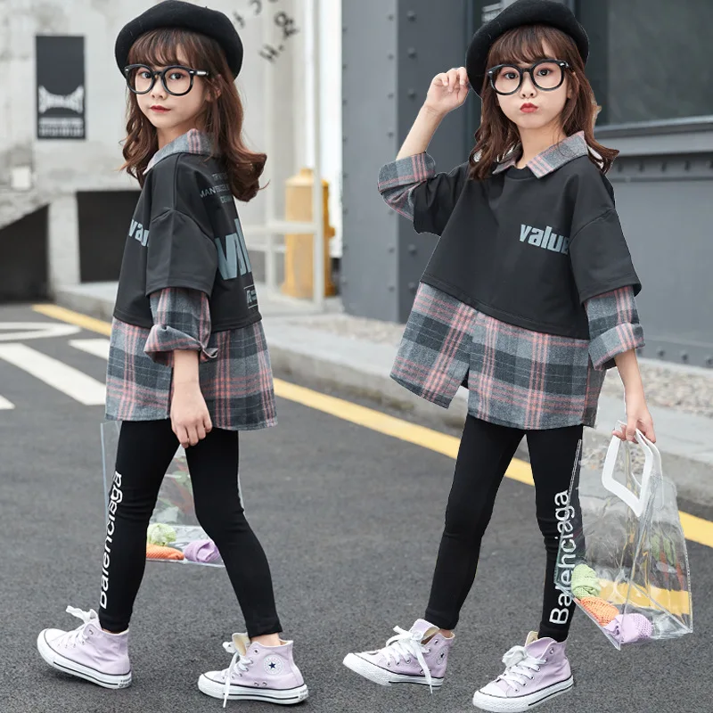 

Girl Teenager Autumn Sport Clothing Set 2022 New Casual Turn Collar Plaid Patchwork Long Sleeve 2 Pieces Children'S Outfit