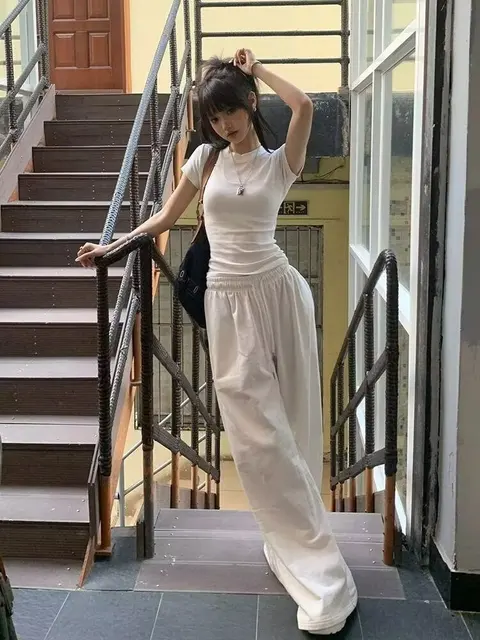 Y2K Wide Leg Pants Women Casual Sports Sweatpants Oversized Jogging Wide Leg White Pants Jogger Hip Hop Sports Pants 6