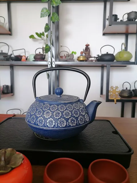 Blue Floral Cast Iron Teapot