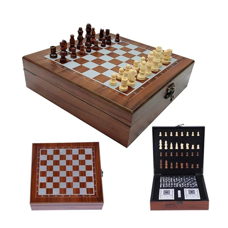 

Деревянные шахматные игральные карты, игральные кости, Настольная Игра домино 4 в 1, Детские и взрослые Складные портативные для путешествий
