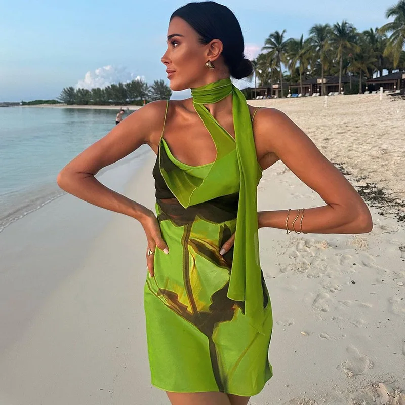 

Halter Backless Mini Dress Print Bandage Sleeveless Beach Vacation Outfits Sexy Green Floral Summer Dresses for Women Clothes