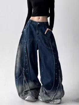 2025 American Retro Y2K Style Patchwork Washed Black Baggy Women's Stacked Jeans Pants Woman Clothing Wide Leg Denim Trousers 1