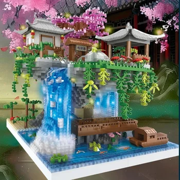 Tree House Mini Diamond Block Particle Peach Blossom Pool Traditional With Light Chinese Architecture Building Blocks Kids Gifts