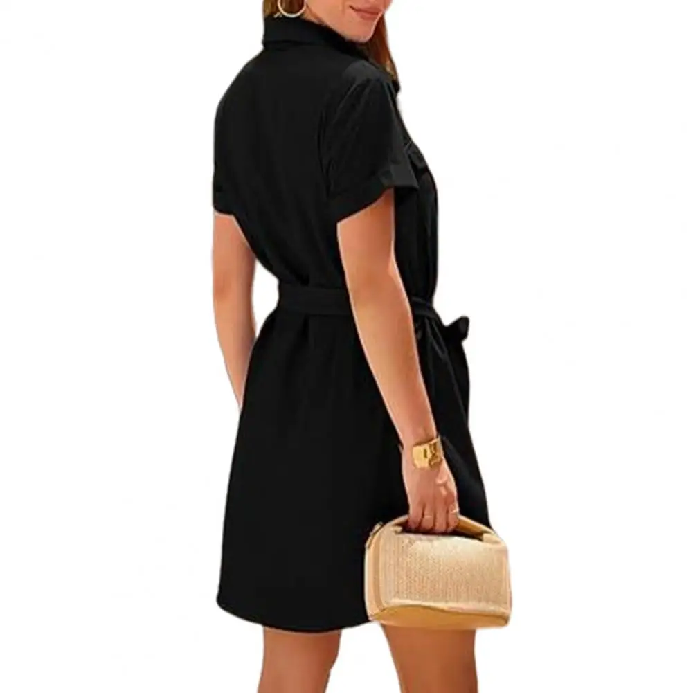 

Women Summer Shirt Dress V Neck Button Down Shirt Dress with Belted Pocket Women's Summer Short Sleeve Collared for Streetwear