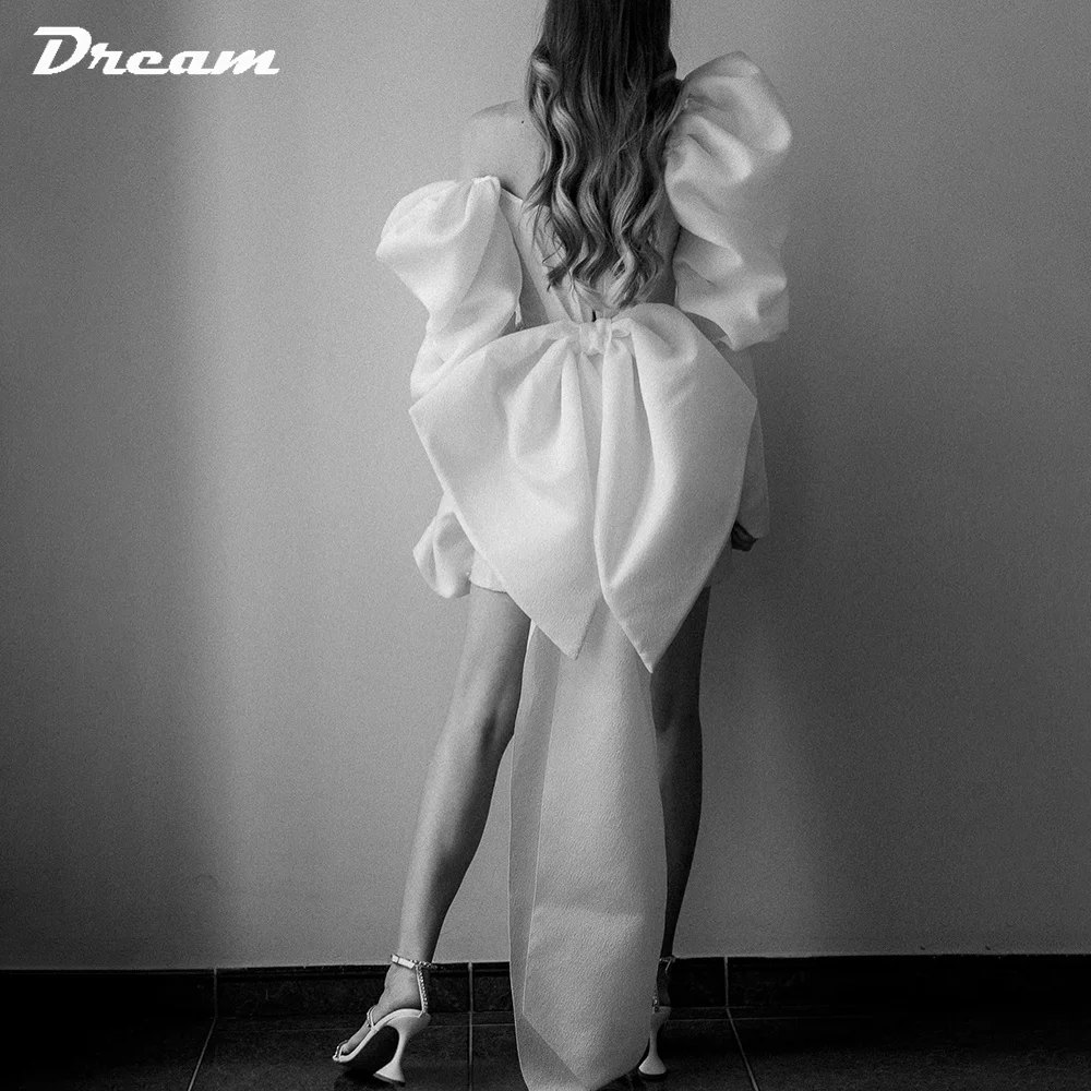 Traum Retro lange Ärmel Mini Brautkleid Satin scheide über dem Knie plissiert einfache Brautkleider abnehmbare übergroße Schleife